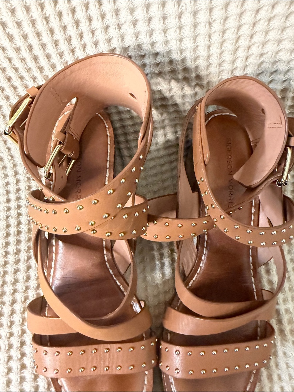 Sigerson Morrison Studded Leather Block Heel Sandals Tan Size 9B Designer Shoes - Picture 5 of 11